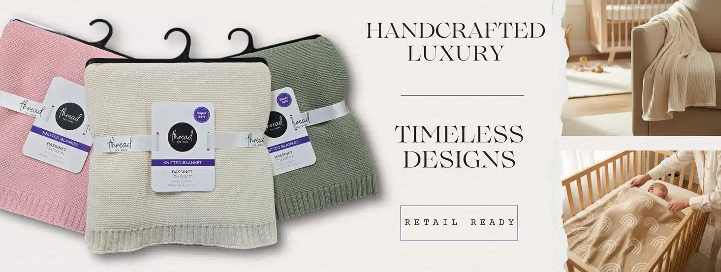 Retail-ready packaged blankets alongside lifestyle photographs. Handcrafted luxury, timeless designs, retail ready.