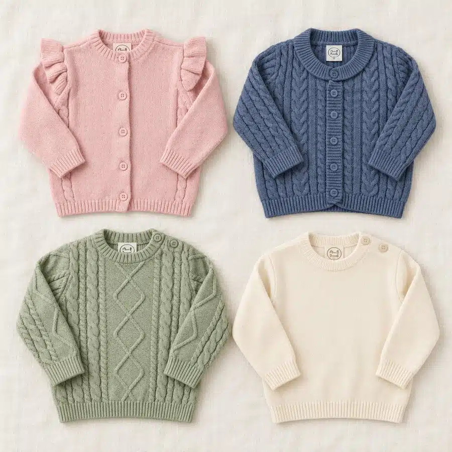 Mini Threads: pastel pink frill cardigan, steel cable cardigan, sage cable jumper and eggshell plain jumper